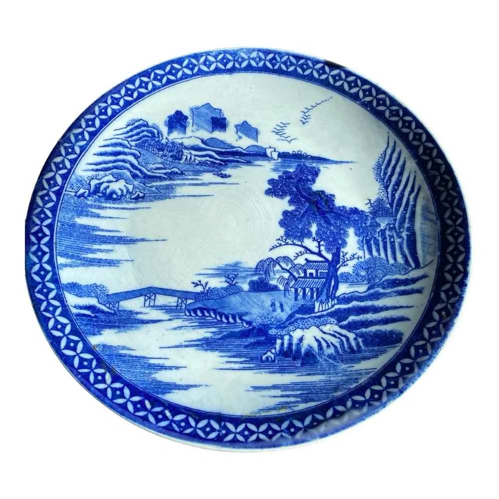 Vintage Japanese Blue & White Porcelain Serving Platter 12.25” Landscape Plate
